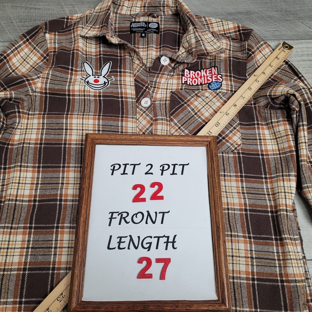 🐰Broken Promises x Happy Bunny Flannel Women's S Brown Plaid Graphic Y2K Art - Picture 16 of 16